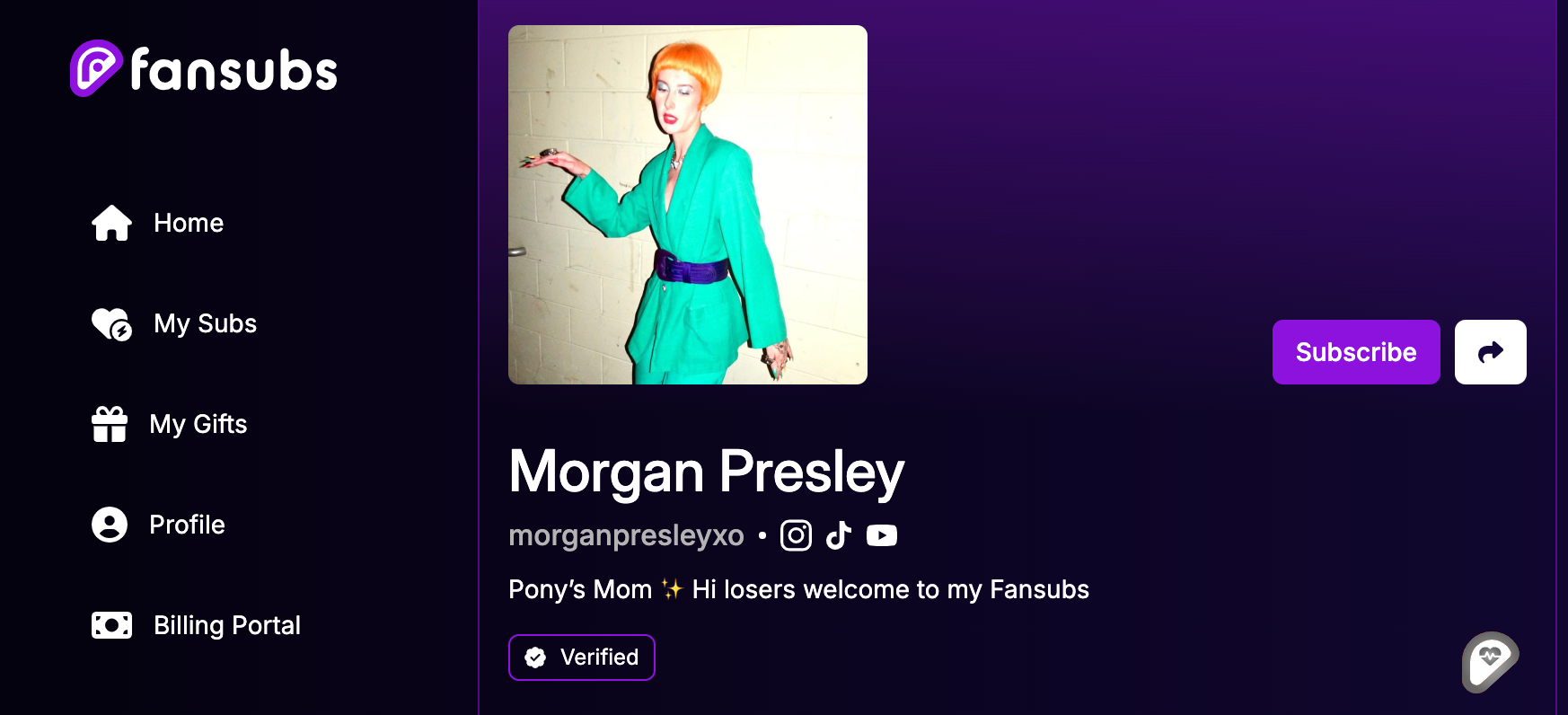 FanSubs dashboard showing Creator Profile