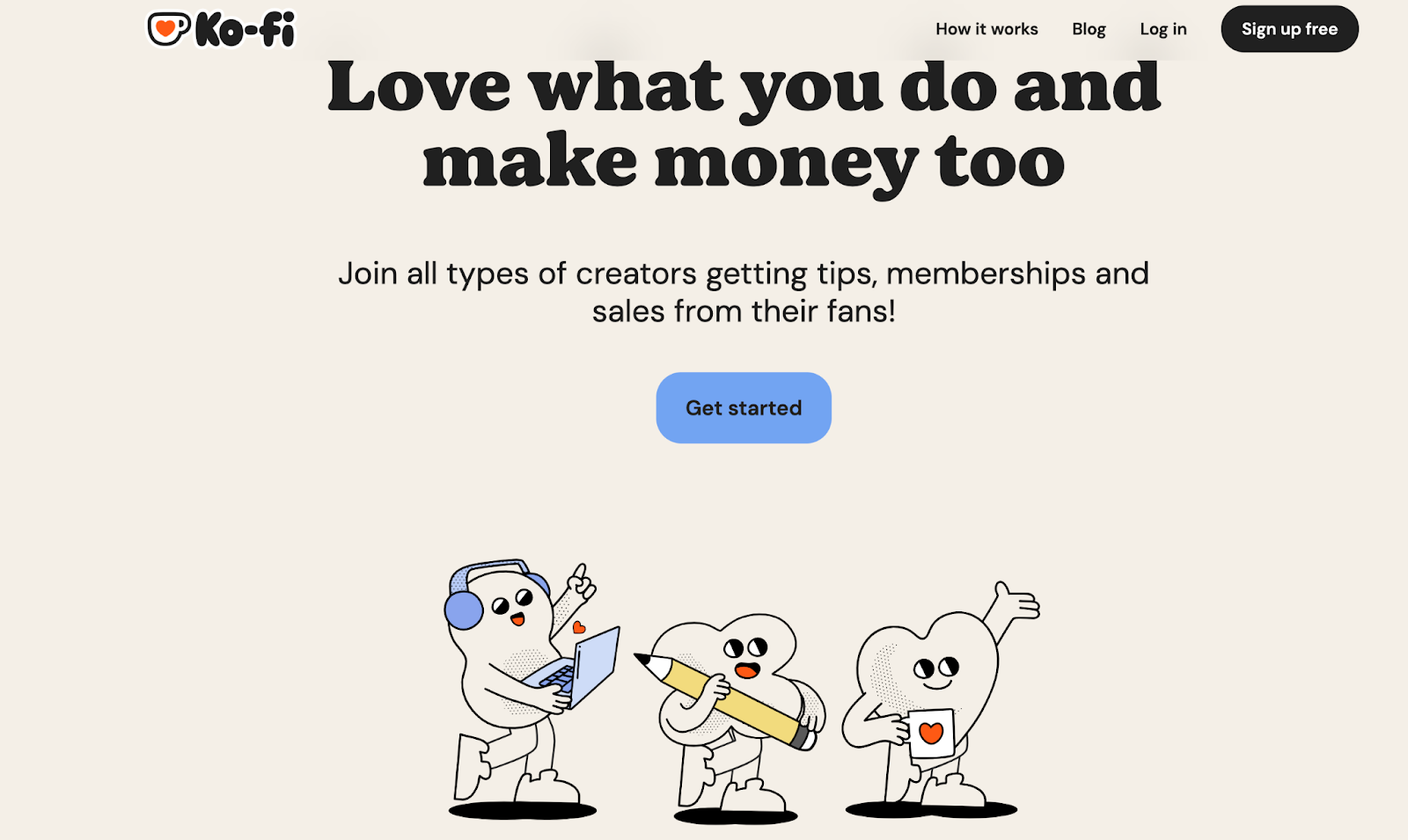 Website page for Ko-fi, a creator monetization platform