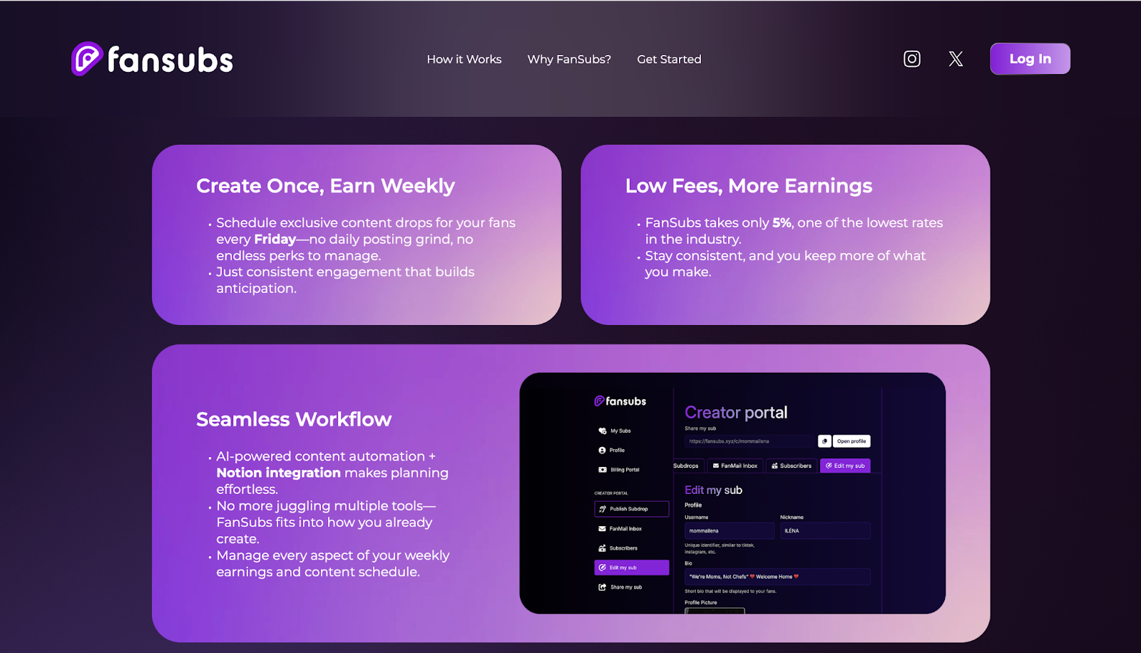 The homepage for Fansubs, a top Fanfix alternative for creators.