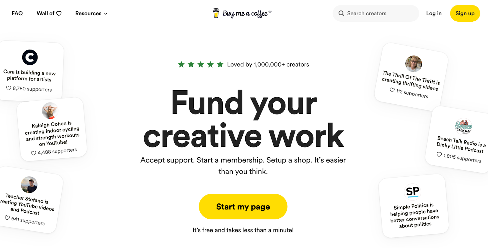 The homepage for a top Fanfix alternative for creators called Buy Me a Coffee