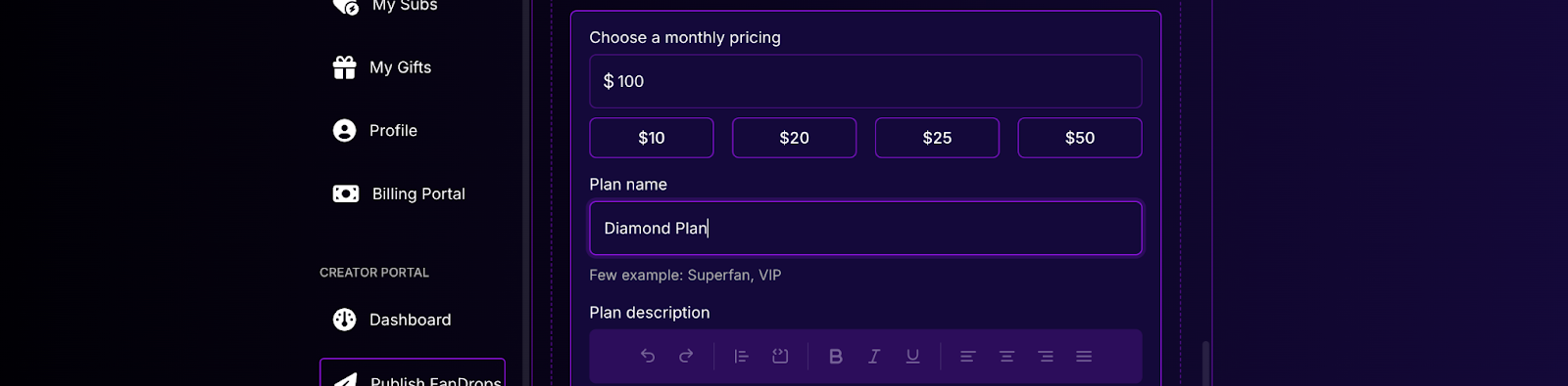 Subscription amounts for FanSubs include $10, $25, and $50.