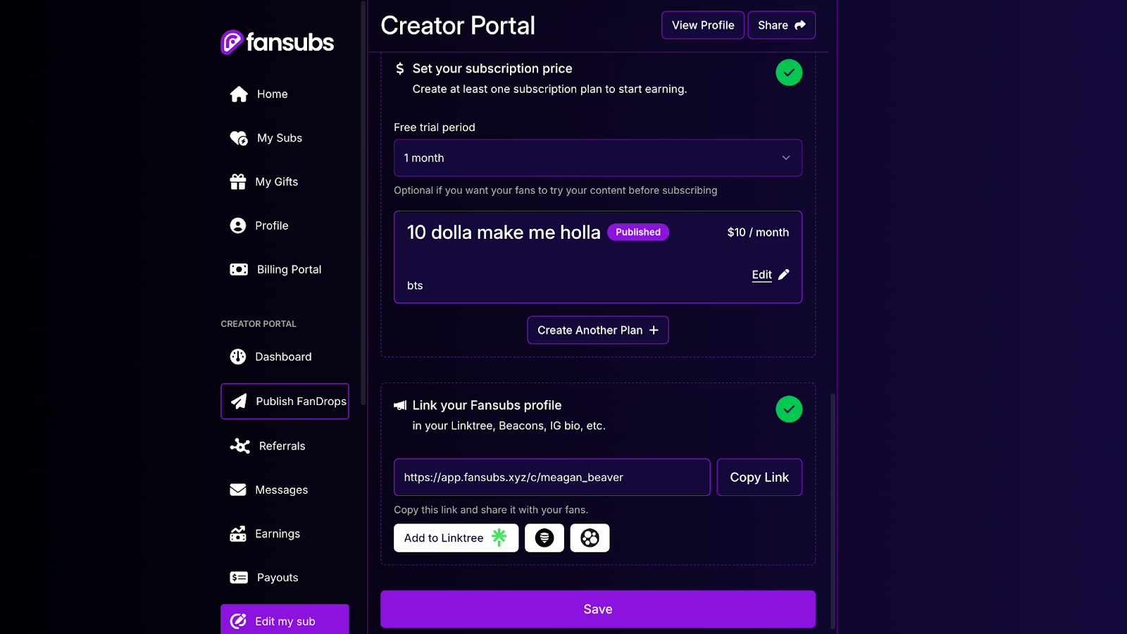 The creator subscription portal on FanSubs