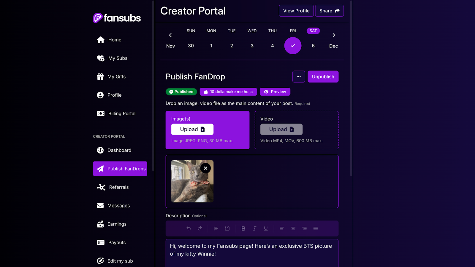 The FanSubs creator portal